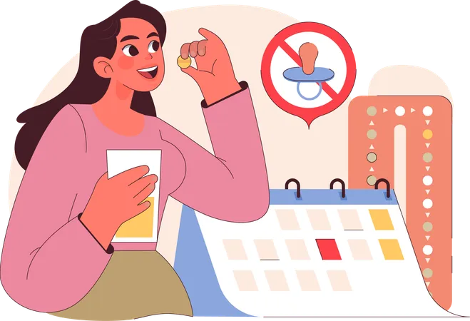 Mujer toma pastillas para la menstruación regular  Ilustración