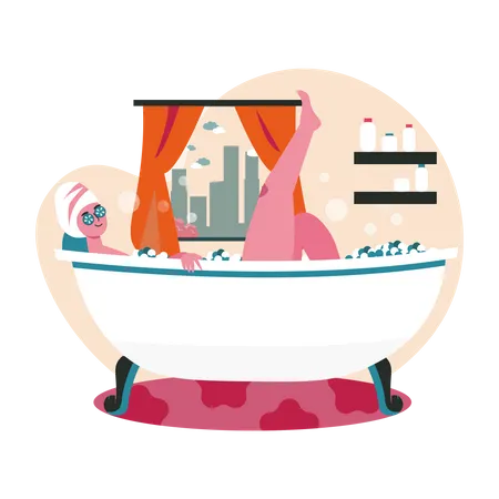 Mujer tomando baño de burbujas en el baño.  Ilustración