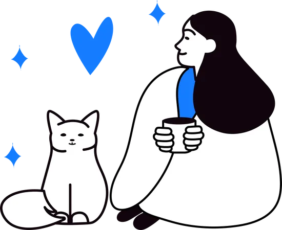 Mujer tomando café con gato  Ilustración