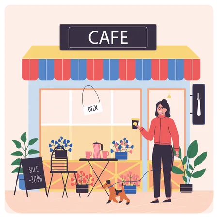 Mujer tomando café en la cafetería  Ilustración