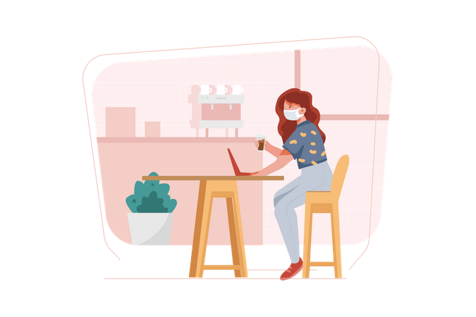 Mujer tomando café en la cafetería  Ilustración