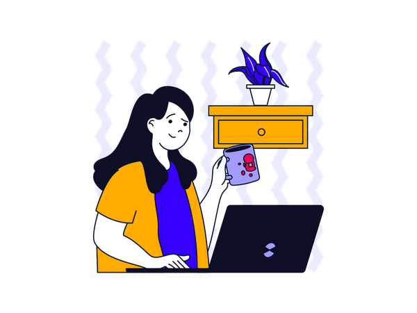 Mujer tomando café mientras trabaja  Ilustración