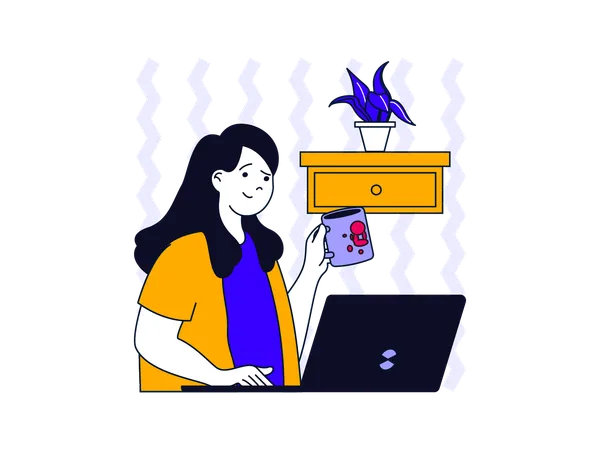 Mujer tomando café mientras trabaja  Ilustración