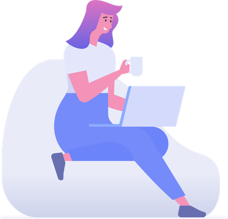 Mujer tomando café mientras trabaja con una computadora portátil  Ilustración