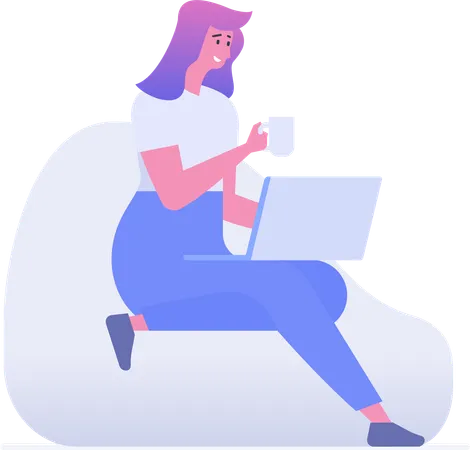 Mujer tomando café mientras trabaja con una computadora portátil  Ilustración