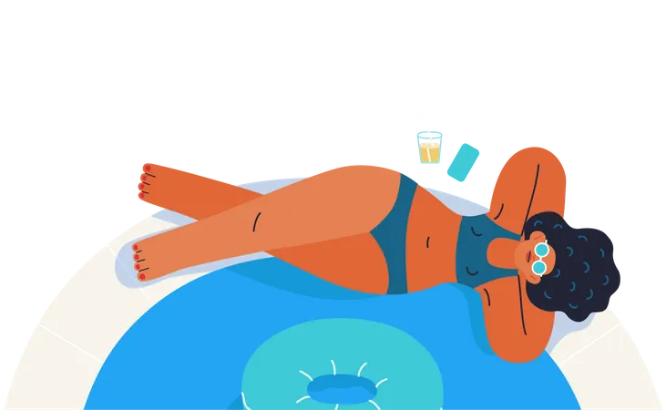 Mujer tomando el sol cerca de la piscina  Ilustración