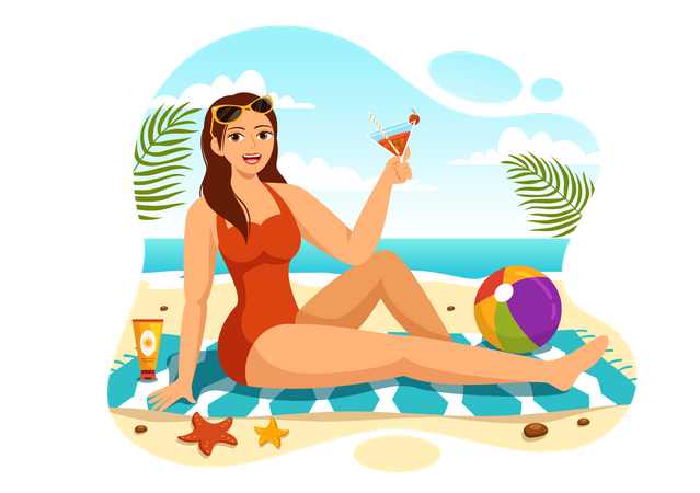 Mujer tomando el sol en la playa  Ilustración