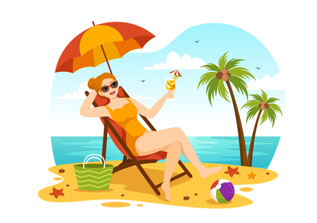 Mujer tomando sol en la playa  Ilustración