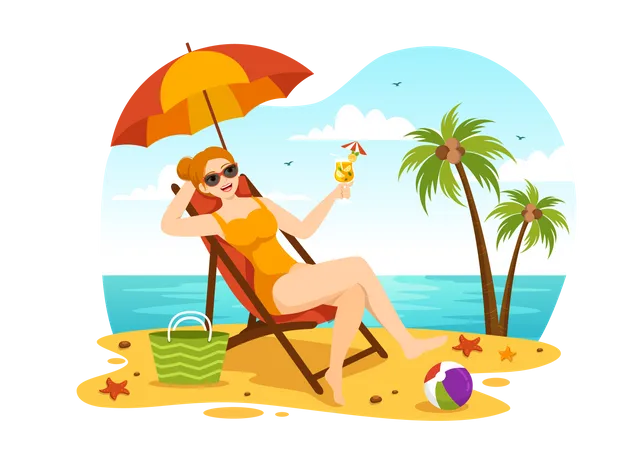 Mujer tomando sol en la playa  Ilustración