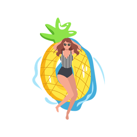 Mujer tomando el sol en un flotador inflable de piscina con temática de frutas en agua azul  Ilustración