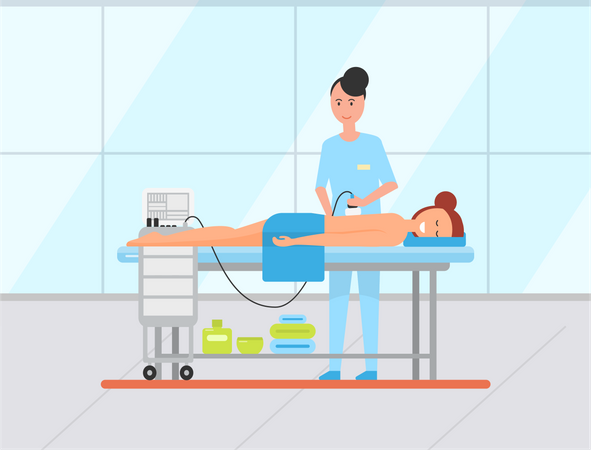 Mujer tomando masaje de espalda al cliente  Ilustración