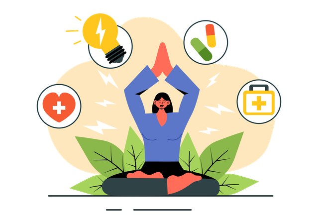 Mujer tomando medicina energética para meditar.  Ilustración