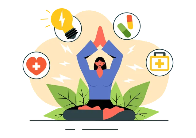 Mujer tomando medicina energética para meditar.  Ilustración