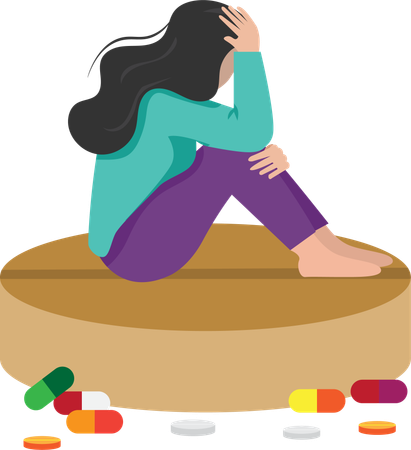 Mujer tomando pastillas antidepresivas  Ilustración