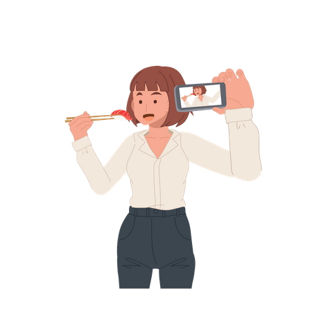 Mujer tomando selfie con comida  Ilustración