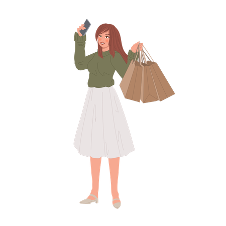 Mujer tomando selfie con teléfono inteligente después de ir de compras  Ilustración