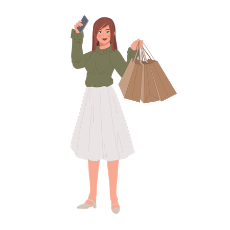 Mujer tomando selfie con teléfono inteligente después de ir de compras  Ilustración