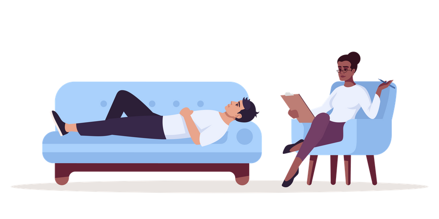 Mujer tomando sesión de terapia con un hombre dormido  Ilustración