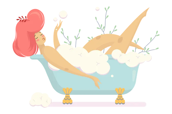 Mujer Tomando Un Bano Con Burbujas Higiene Y Belleza Chica Lavarse El Cuerpo Ilustracion De Vector Aislado En Estilo De Dibujos Animados Ilustración