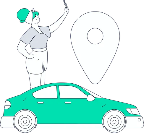 Mujer tomando un servicio de taxi en línea  Ilustración