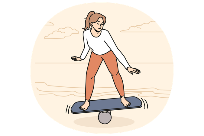 Mujer tonificada haciendo equilibrio sobre una tabla en la playa  Ilustración