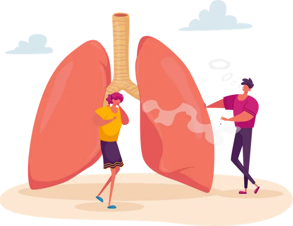 Mujer tosiendo cerca de enormes pulmones con un hombre fumador  Ilustración