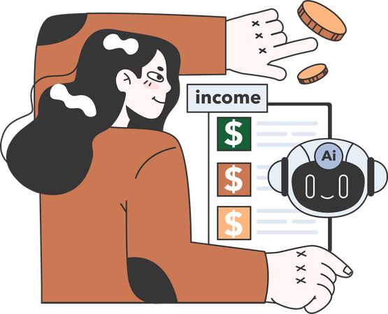 Mujer trabaja en documento financiero robótico  Ilustración
