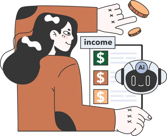 Mujer trabaja en documento financiero robótico  Ilustración