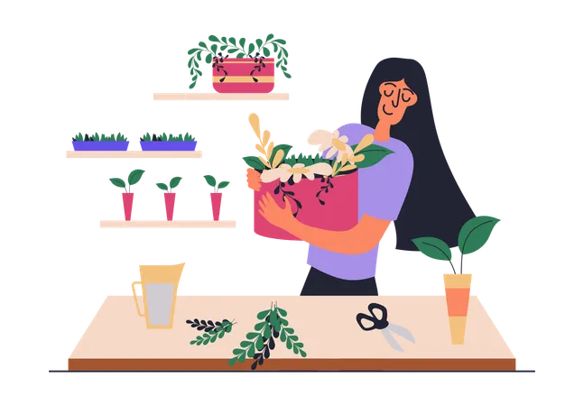 Mujer trabaja en florería y vende plantas y flores  Ilustración