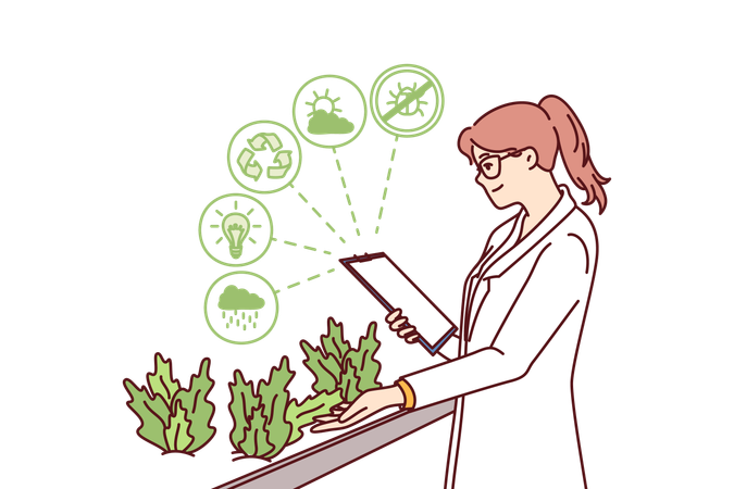 Una mujer trabaja en una granja de plantas hidropónicas cultivando plantas en un laboratorio de investigación biológica  Ilustración