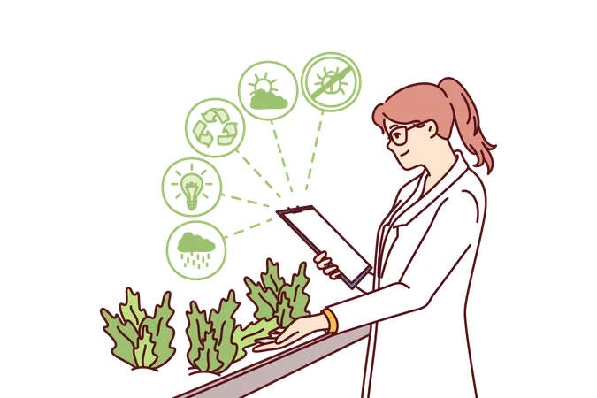 Una mujer trabaja en una granja de plantas hidropónicas cultivando plantas en un laboratorio de investigación biológica  Ilustración