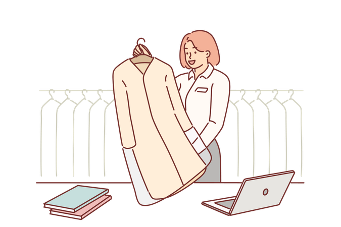Mujer trabaja en tintorería  Ilustración