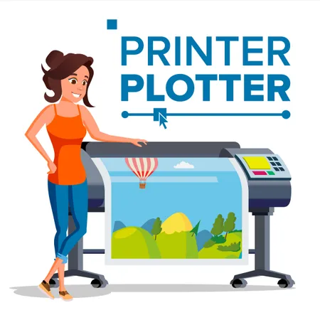 Trabajador Con Vector De Trazador Mujer Latex Full Color Impresora Laser Servicio De Imprenta Ilustracion De Dibujos Animados Plana Aislada Ilustración