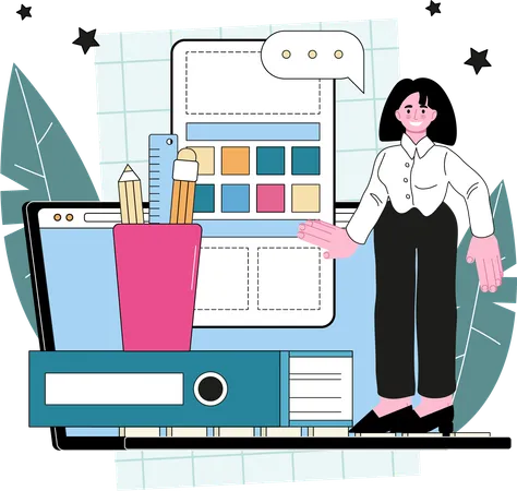 Mujer que trabaja como diseñadora de ui ux móvil  Ilustración