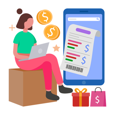 Mujer trabajando con consulta de facturación  Ilustración