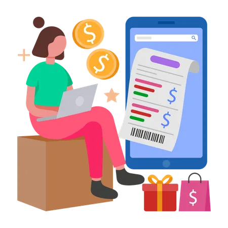 Mujer trabajando con consulta de facturación  Ilustración