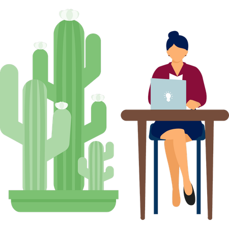 Mujer trabajando en una planta de cactus con los dedos en una computadora portátil  Ilustración