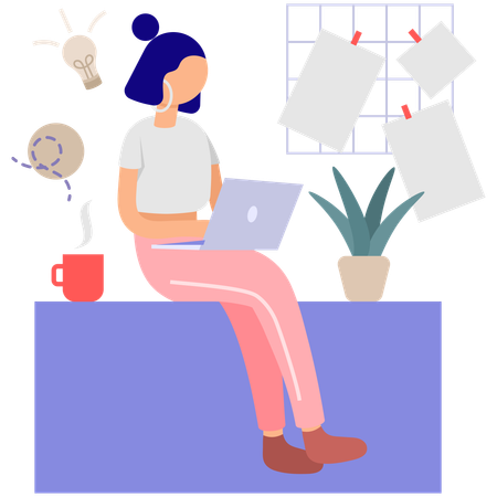 Mujer trabajando en la computadora portátil  Ilustración