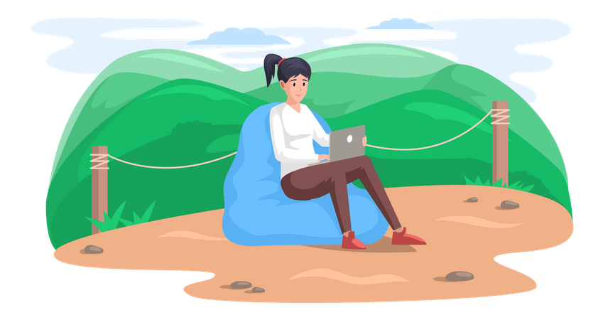 Mujer trabajando de vacaciones  Ilustración