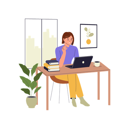 Mujer trabajando desde casa con una computadora portátil y libros  Ilustración