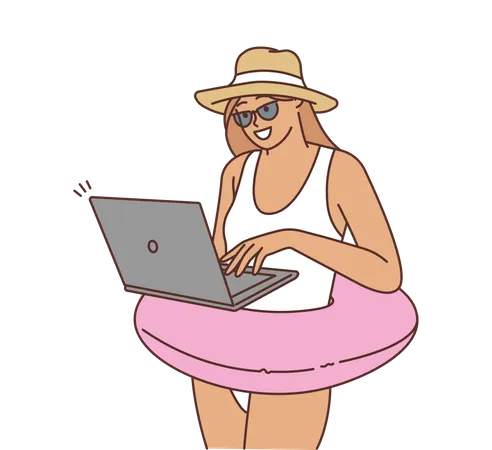 Mujer trabajando desde la playa  Ilustración