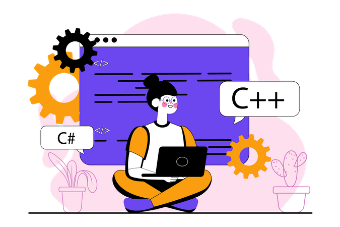 Mujer trabajando en programación C Plus Plus  Ilustración