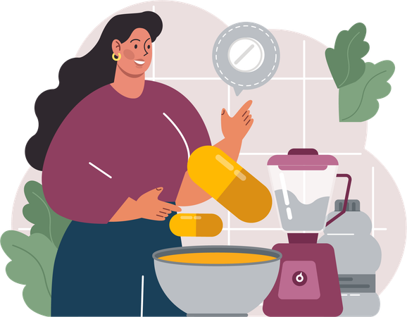 Mujer trabajando en dieta y cambio de estilo de vida.  Ilustración