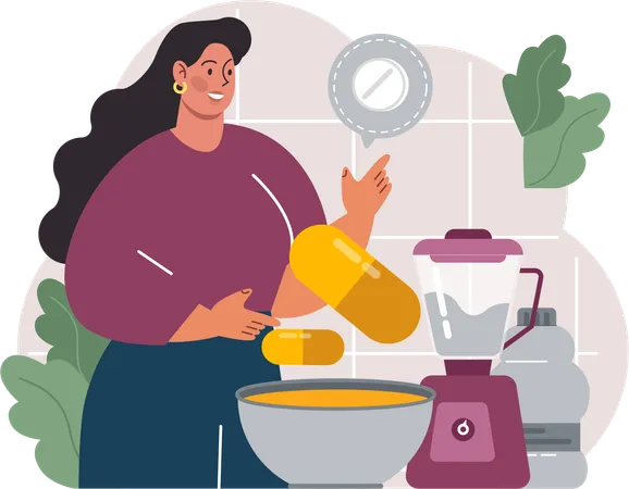 Mujer trabajando en dieta y cambio de estilo de vida.  Ilustración