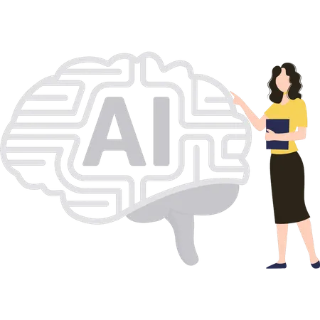 Mujer trabajando en el cerebro de la inteligencia artificial  Ilustración