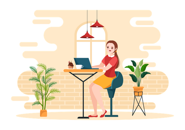 Mujer trabajando en el cibercafé  Ilustración