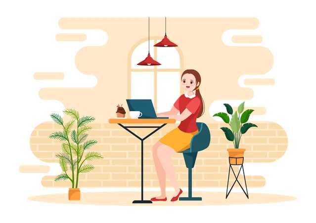 Mujer trabajando en el cibercafé  Ilustración