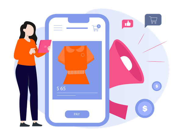 Mujer trabajando en marketing de ventas de compras  Ilustración