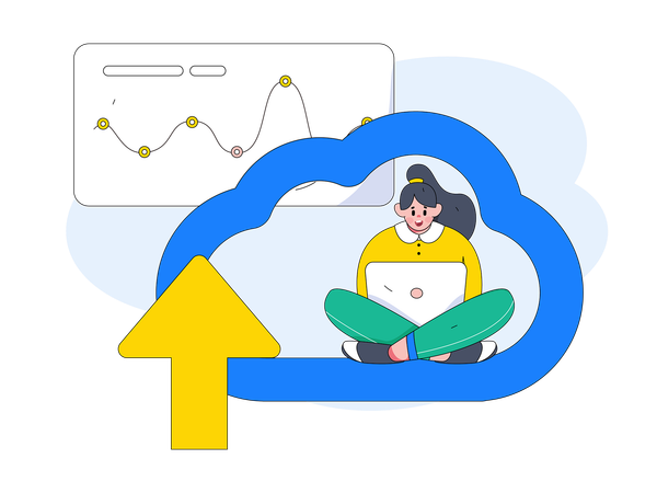 Mujer trabajando en computación en la nube  Ilustración