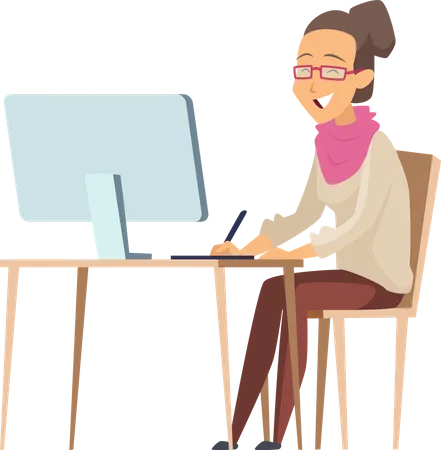 Mujer trabajando en computadora  Ilustración